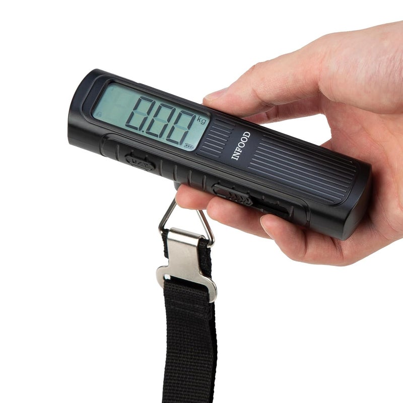 INFOOD Battery-Free Digital Luggage Scale, Suitcase Scale for Travel, Portable Luggage Weight Scale with Hook & LCD Display for Luggages, Packages & Bags, 110lb/50kg Handheld Scale, Black - Image 1